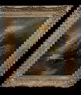 19th C. River Landscape with Angler: Oil on canvas, signed and dated Cutts 1877 lower right, sight 23 x 19 in., gilt gesso frame with later gold paint..yellowed varnish, crackle, light surface abrasions, frame with age related wear and r