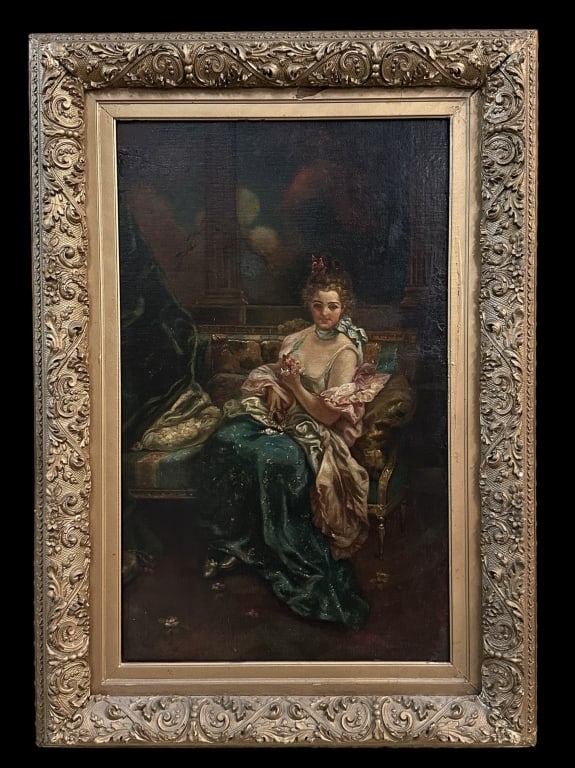 19th Century Portrait of a Lady with Bouquet: Continental school, Oil on canvas, faintly signed G. Terrier lower right, sight 26 x 16 in., Giltwood and composition frame..canvas has been cut down and laid over Masonite, loss to canvas surface, re