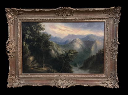 High Mountain Landscape, Edward Davies: British, 19th/20th century..oil on canvas, signed lower right, sight 17.5 x 27.5 in., giltwood and gesso frame..canvas has been lined, likely cleaned, crackle, stretcher marks, frame with wear and dam