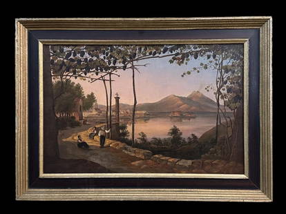 Italian School Neopolitan Landscape: Late 19th/early 20th century, oil on canvas, no visible signature, sight 14.5 x 22.5 in., newer parcel gilt frame..canvas has been cut down and lined, surface dirt, crackle, not examined out of frame.