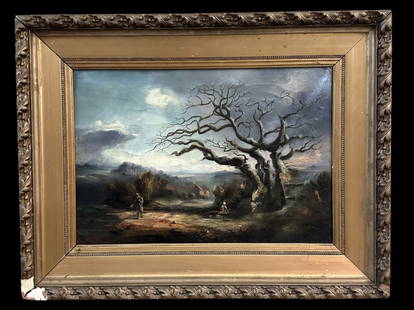 English Landscape Painting with Craggy Tree: Late 19th/early 20th century, oil on canvas, signed Ernest R. Morton lower left, sight 13 x 19?in., giltwood and gesso frame, verso with paper label..surface dirt, crackle, paint loss and punctures, o