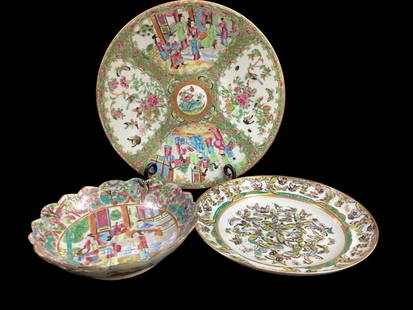Three Pieces Famille Porcelain: Rose Mandarin Plate, with panel decoration 13 inch diameter, 1000 butterfly 9.5 inch rimmed dish, Rose Mandarin Bowl, 8.5 inches with Figural scene center. Reverse border decoration of flowers, scollo