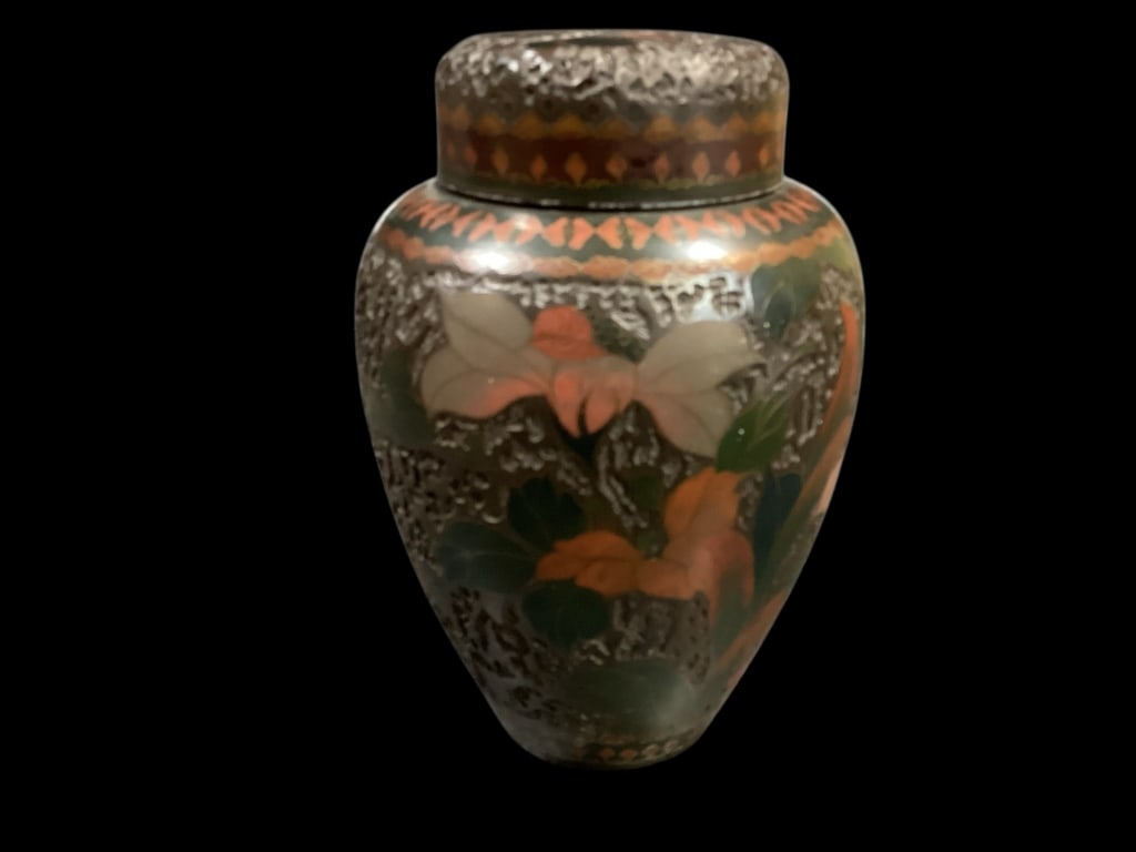 Shippo Tree Bark Vase: Intricate carved tree bark Cloisonne Totai 6 inch urn vase. Meiji period. Floral pattern.