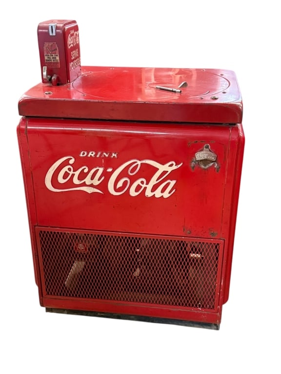 Embossed Coke Junior Vendo Spin Top: Embossed on 4 sides and coin drop, runs does not cool, opener, no catch, condition consistent with age and use, see photos for condition 38 tall, 46 to coin drop x 30 wide x25 deep,