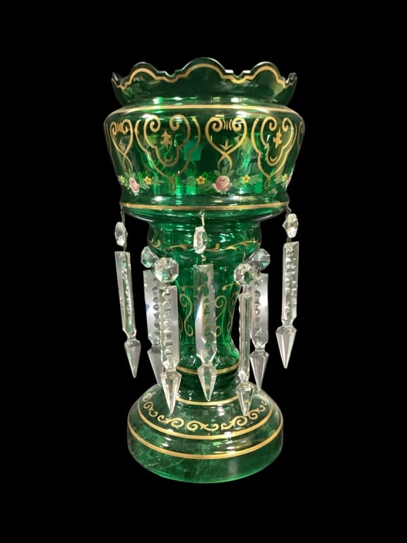 Pair Victorian Green Glass Luster: Nice pair Mantle Lusters in emerald green with hand decorated gilt roses and ribbons. 14 inches tall with a scolloped rims, and facet cut hanging brilliants