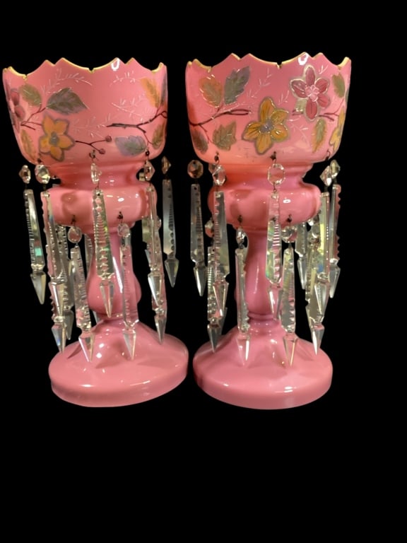 Pair Victorian Satin Glass Mantle Lusters: Bohemian style Cased Pink Satin lusters, with hand painted floral designs. 14.5 inches tall, cut tops rims, double rows of hanging brilliants