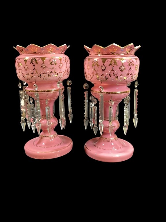 Pair Pink Satin Mantle Lusters: Victorian Mantle lusters, deep pink satin cased glass, 14 inches tall with hand enameled and painted decoration. Gilt edged trims. Double row hanging brilliants.