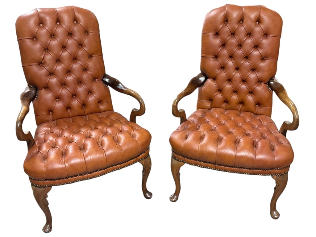 Pair Leather Queen Anne Style Open Arm Chairs (1 of 6)