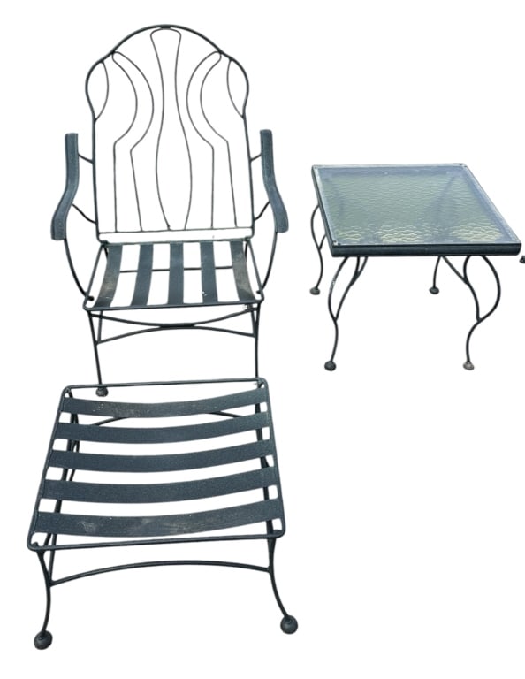 3 Pcs Homecrest Liberty Garden Patio Furniture: Late 20th century, tubular steel with specked green coating, including: armchair with ottoman and end table, cushions present but faded and stained, age and weather related wear to frames..chair 38H x