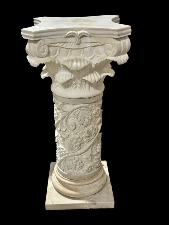 Impressive Carved Alabaster Pedestal: 20th century, Corinthian order with stepped base, column carved with grape vine motif, repair to top, broken at base, surface dust..36H x 14.5W x 14.5D at base Line Item # 139
