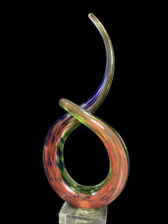 Murano Art Glass Sculpture: Love Knot 13 inch blown Art glass sculpture. Swirling Artistic form, in bold color combination of red, blue and green* base scuff