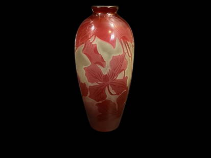 D?Argental Cameo Glass Vase: French Art glass vase notably by Paul Nicholas, chief designer for Galle. Art Nouveau organic form, natural motif of flowers, foliage. Frosted glass body with red to amber cut away carving. Signed, 6