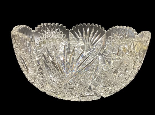 Impressive Cut Glass Punch Bowl: ABP Cut Glass punch bowl, 14 inch diameter. Large Hobstars, diamond, files, fans. Base multi point star. Heavy saw tooth rim. Line Item # 32