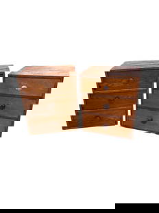 Pair Primitive Pine Drawers: Near pair, 3 dovetailed drawers, 1 yellow pine 1 white pine, 24 tall x 20 wide x 14 deep