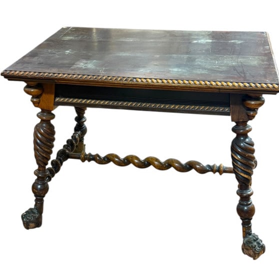Exceptional Barley Twist Entry Table: Late 19th C, brass saber tooth tiger feet wi wooden balls, top has surface wear, sturdy, 30.5 tall 40 inches long 27 deep