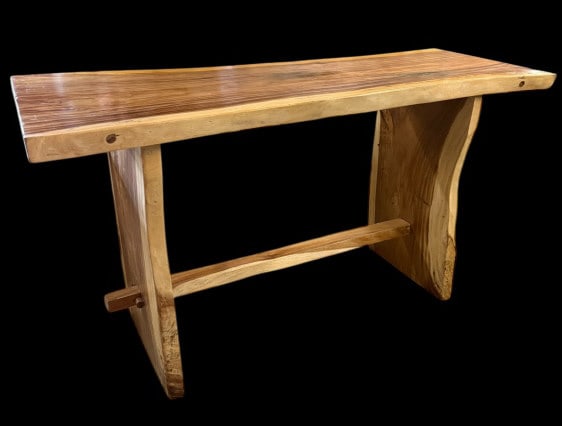 Fruitwood Live Edge Slab Bar: Love edge ends and top, great figure in wood, 48 tall x 79 wide x 28 deep