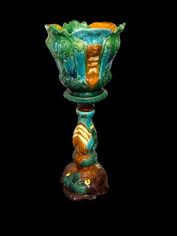 Weller Majolica Jardiniere on Pedestal: Polychrome, brilliant colors, 48 tall overall, Jardiniere 16 tall x 18 wide, pedestal 32.5 x 16 excellent condition