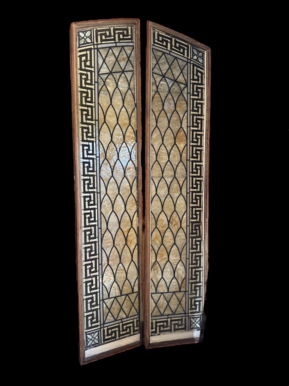 Pair Antique Stained Glass Side Lights: Antique slag glass stained glass sidelight windows, one is perfect one need restoration, see photos, 124 x 26