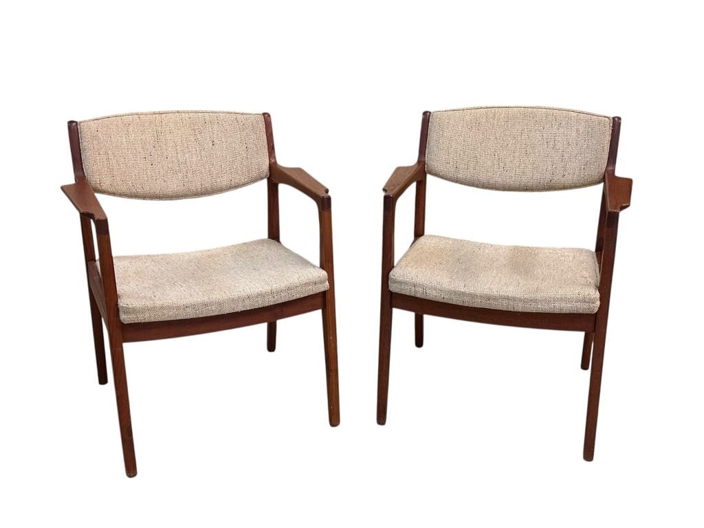 Pair Danish Modern Occasional Chairs: Mid century, teak frames with nubby tweed upholstery, no visible makers marks, surface scratches, finish wear, light staining to upholstery, 32H x 26W x 23D, seat height 17 inches Line Item # 35