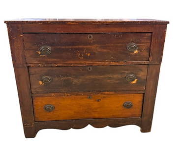 White Pine Cottage Chest: Late 19th C, dovetailed drawers, Original finish solid ends, surface ware consistent with age, 37 tall 43 wide 17 1/2 deep