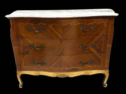 Louis XV Style Serpentine Commode: Mid 20th century, 3 drawer commode with inlaid marquetry and painted base, marble top, dovetailed drawers..finish wear, scattered loss to veneer and inlay, residue on marble top..35H x 50.5W x 23D inc