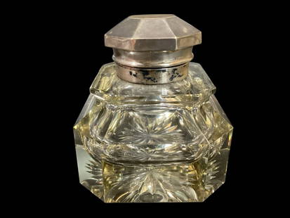Cut Glass Inkwell Silver Lid: German cut glass ink well, heavy bodied, stepped design with 800 silver flip top lid, small glass liner. Starburst base * light scuff Line Item # 128