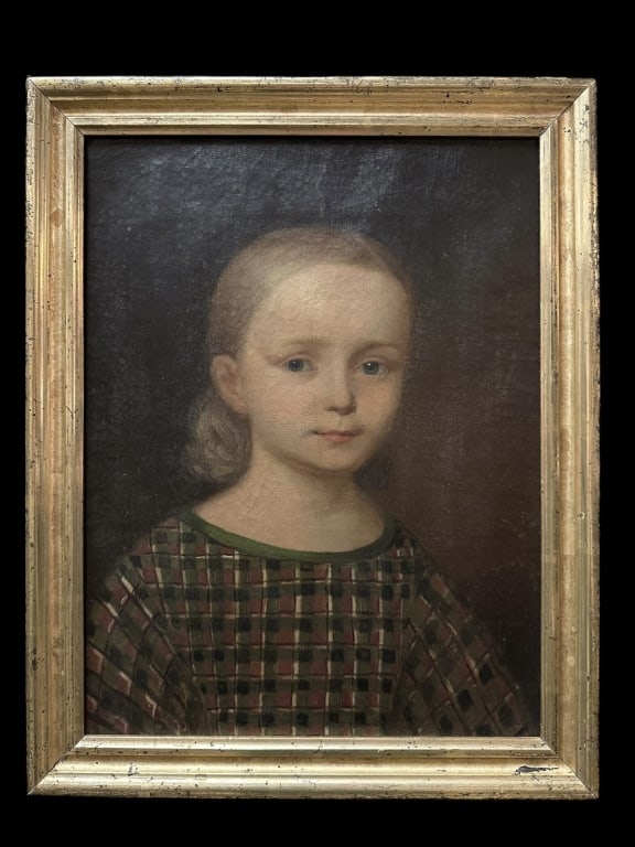 Portrait of a Young Girl: Mid 20th century, oil on canvas, no visible signature or sitter identification, sight 16.5 x 12.5 in., parcel gilt frame..surface dirt, crackle, paint loss, small pin sized holes throughout, bloom, fr
