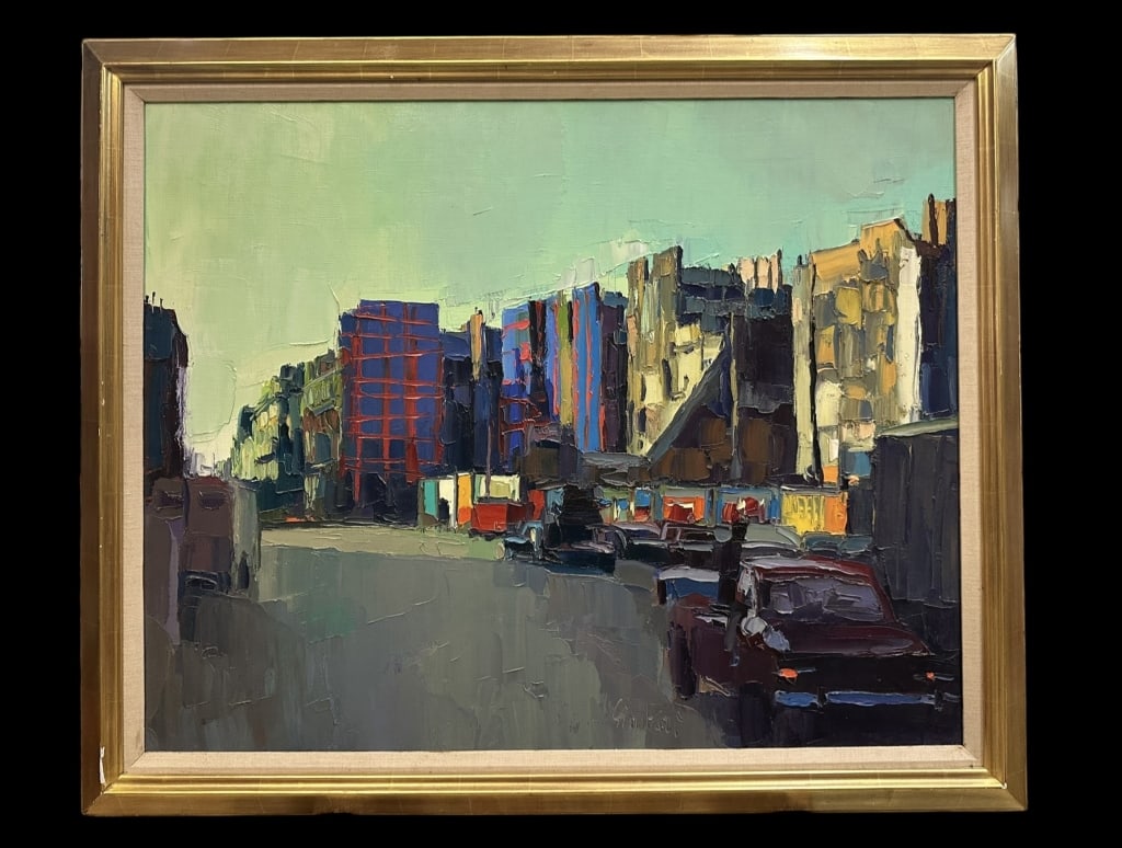 Colorful Cityscape, Nicola Simbari: Italian, 1927-2012..oil on canvas, vibrant colors and impasto, signed lower center, sight 31 x 39 in., linen liner, gilt frame, Wally Findlay Galleries label on verso..surface dust but otherwise good
