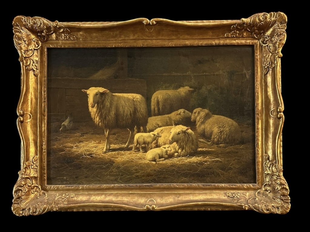 Sheep and Chickens in Barn, Oil on Canvas (1 of 7)