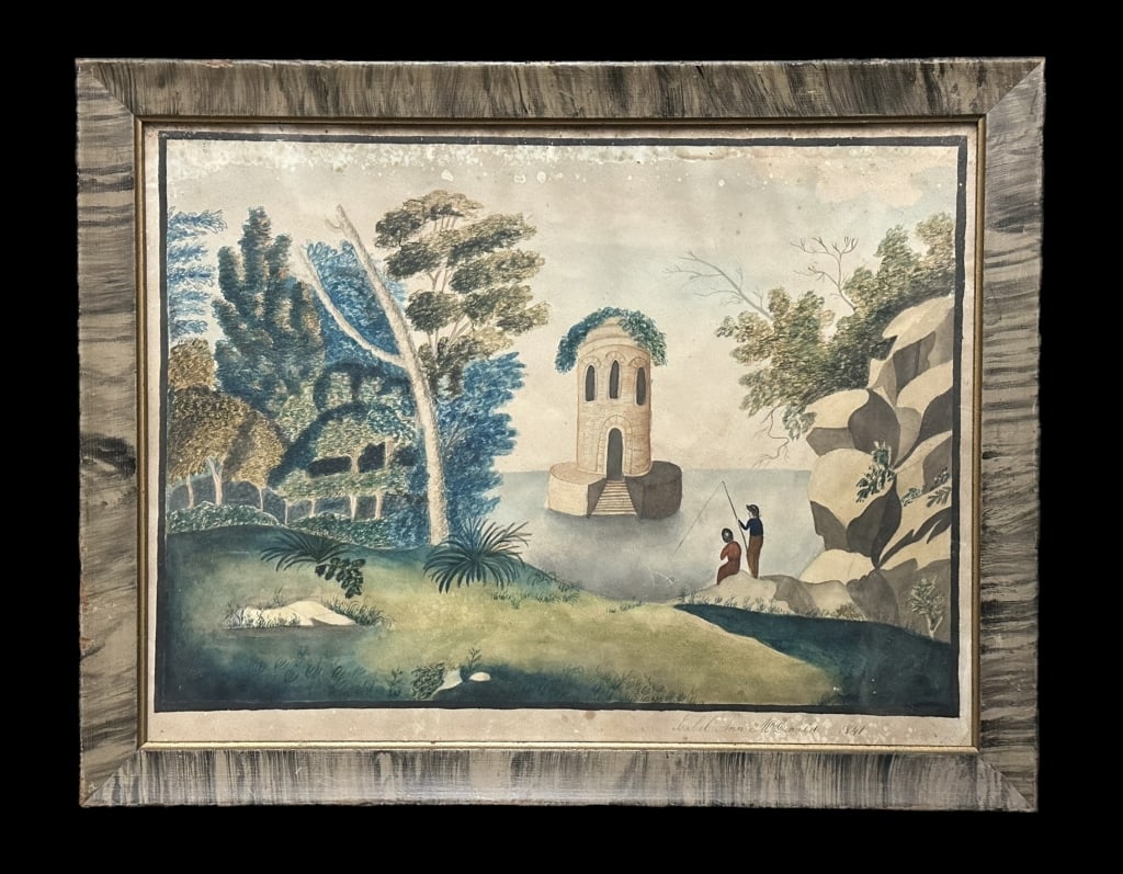 19th Century Landscape with Children Fishing: American School, watercolor on paper, signed Isabel Ann McDonald 1841 lower right, sight 10 x 13.5 in., glazed, grain painted frame..toning, foxing, water stains and damage, frame with age wear, not e