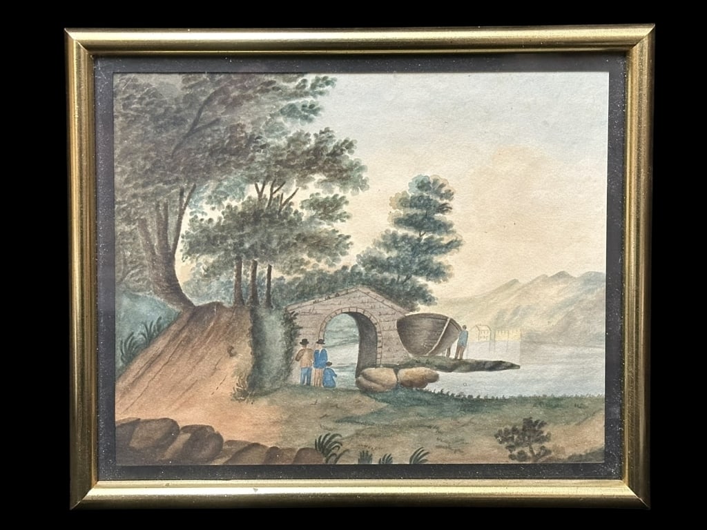 19th Century Watercolor Lakeside Landscape: American school, watercolor on paper, unsigned, sight 8 x 10 in., glazed, modern gold tone frame..toning, light foxing, not examined out of frame..DOA: 10H x 12W x 1D inches