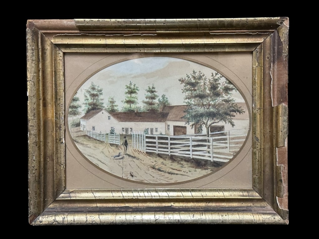 Watercolor of a Homestead with Man and Dog: American school, 19th century, unsigned, sight 7 x 5 in., matted and glazed, parcel gilt frame, inscribed on verso: Birthplace at Bridport, Vermont (s.w. Corner of state) of Ethan Heminway Rice - Apri