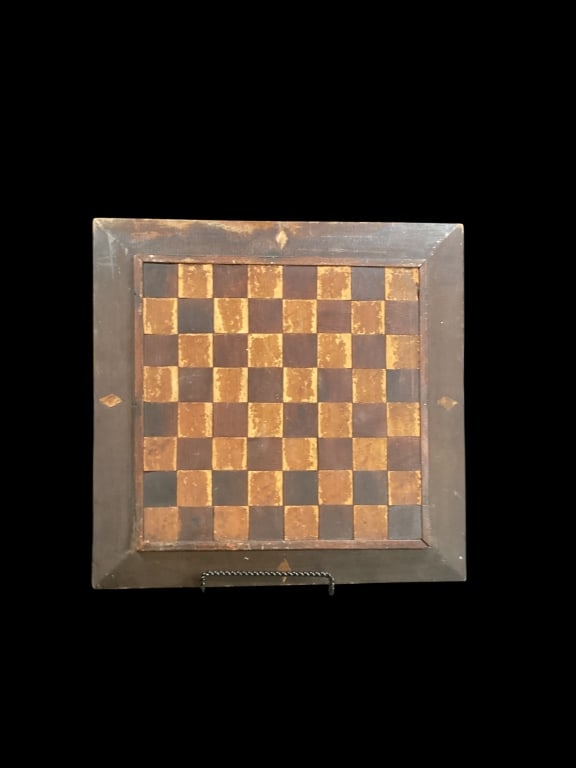 Old Folky CheckerBoard: 15 inch square board, Marquetry style inlaid block, beveled frame.