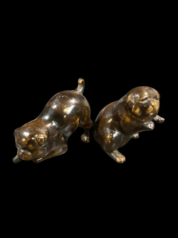 Pair Japanese Bronze Okimono Sculpture Dogs: Likely Meiji period, or Tanisha. Cast bronze finished playful puppies, with a dark patina. 6 and 7 inches, unsigned, Heavy!