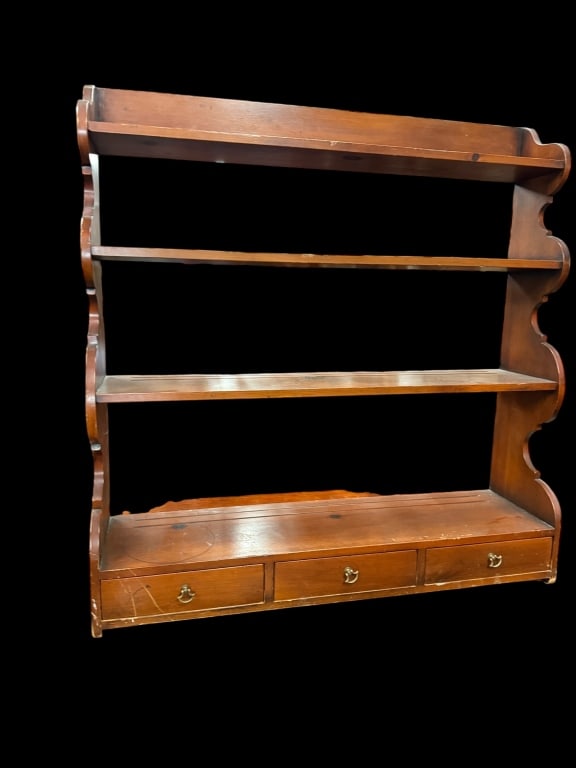 3 Tier Maple Plate Shelf: Early 20th C, scalloped ends, plate groves in shelves, 3 drawers with brass pulls, 37, tall 36 wide 9 deep