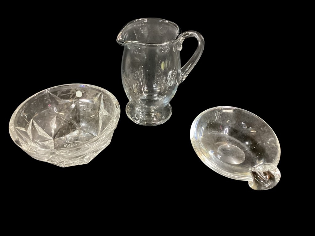 Two Crystal Bowls, Pitcher: Signed Steuben Crystal Ashtray, 7 inch diameter, designed by David Hill. Stars Crystal Cut bowl, Tiffany and Company, 7.5 inches. Baccarat Harmonie pitcher, signed