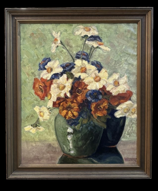 Still Life with Flowers in Green Vase: American School, oil on canvas, signed and dated WINTER 29 lower right, sight 23.5 x 19.5 in., exhibition tag remnant on verso, gilt wood frame..has been cleaned, crackle, stretcher marks, frame with 