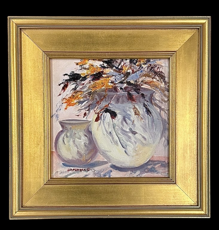 The Pots in Mexico, Judy A. DeVicentis Morgan: American, 20th/21st century..oil on canvas panel with encaustic elements, signed lower right, signed/titled/dated on verso, sight 9 x 9 in., gilt composition frame..good estate condition, light surfac