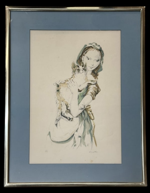 Lithograph of a Young Girl Holding Cat, Foujita (1 of 6)