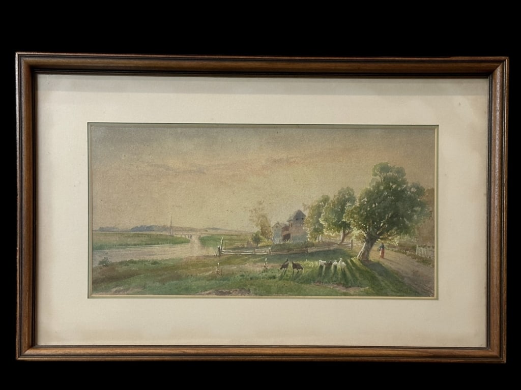 Landscape with Farmhouse and Chickens, P. Moran: Likely Peter Moran (American, 1841-1914)..watercolor on paper, graphite signature lower right, sight 9 x 19 in., matted and glazed, newer frame..toning and foxing to paper, mats with discoloration, no