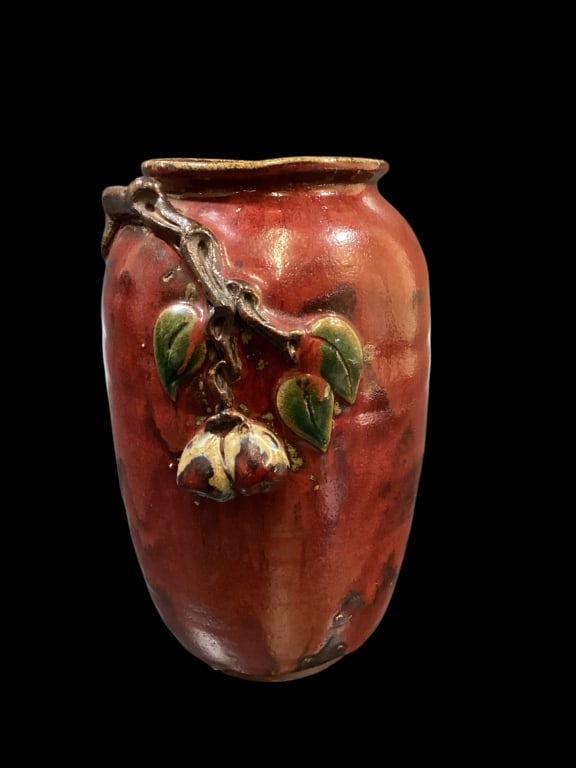 Shiwan Ware Vase: Vintage Chinese Shiwan Pottery vase, 10 inches tall, Glazed with deep iron red , applied fruit and tree branch, foot rim.