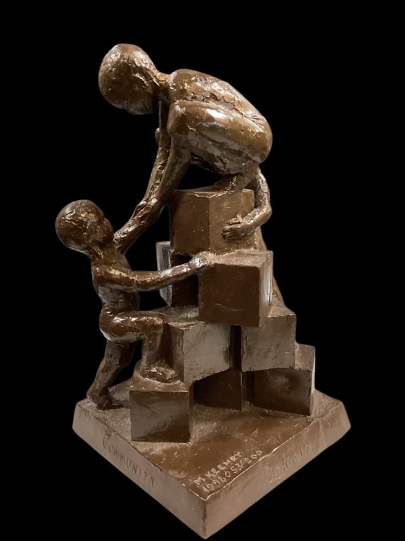 Sculpture by Michael Keeney: Synergy, 10 inches tall sculpture form, showing children climbing, signed and dated 1998 # 53/200. With coa.