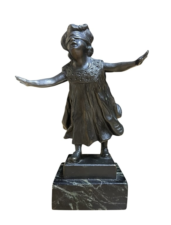 Diminutive Bronze Sculpture after G. Ferrari: 20th century, blindfolded girl on marble base, signed behind right foot, Bronze Caranti stamp on base, good patina, 8H x 6W x 4.5D inches