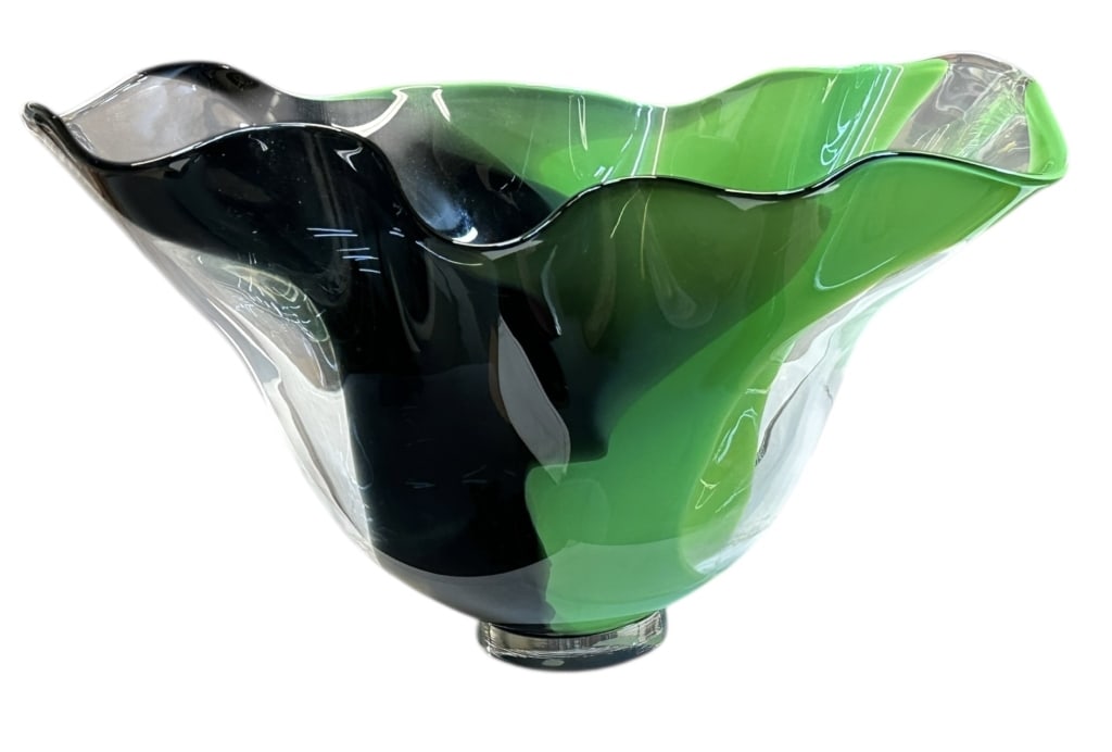 Lars Hellsten for Orrefors Art Glass Bowl: Freeform bowl in green and black on clear ground, signed on underside: Orrefors Expo 4955-14 / 200 Lars Hellsten 1996..no chips or cracks, surface grime, needs washing, felt tabs on base..8.5H x 15W x