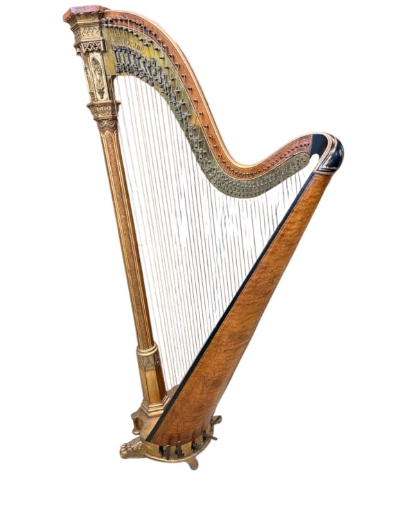 Antique Sebastian Erard Pedal Harp: Elegant Sebastian Erard concert grand pedal harp featuring an ornately carved and gilded column with foliate and rosette motifs, resting on bold gilt lion paw feet. Figured maple soundboard and rich w