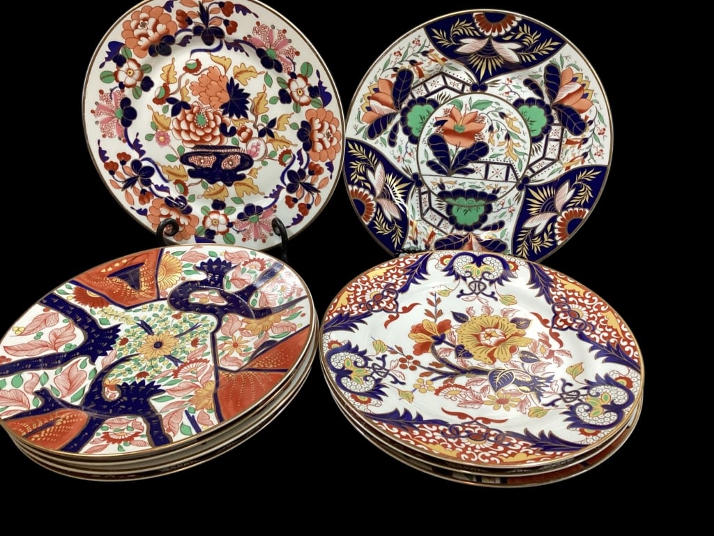 Sedek Classic Imari Porcelain Plates: Set of Nine plates at 10.5 inches, by Andrea. Lovely pattern plates with vibrant color, gold rimmed, in 4 variations.