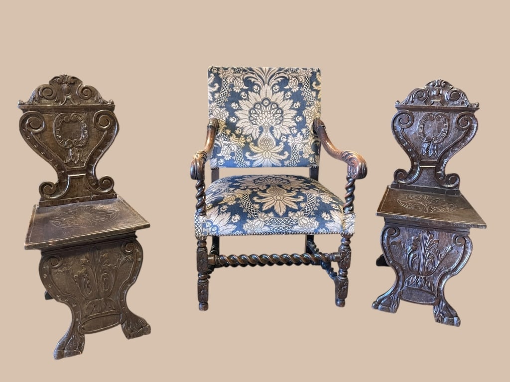 Baroque Armchair & 2, Italian Sgabello Chairs (1 of 5)
