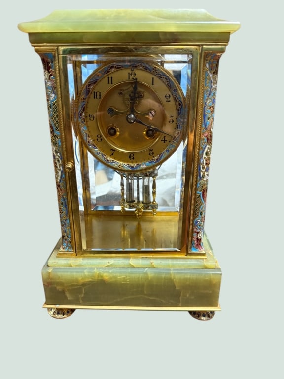 French Champleve Enamel & Onyx Crystal Shelf Clock (1 of 5)