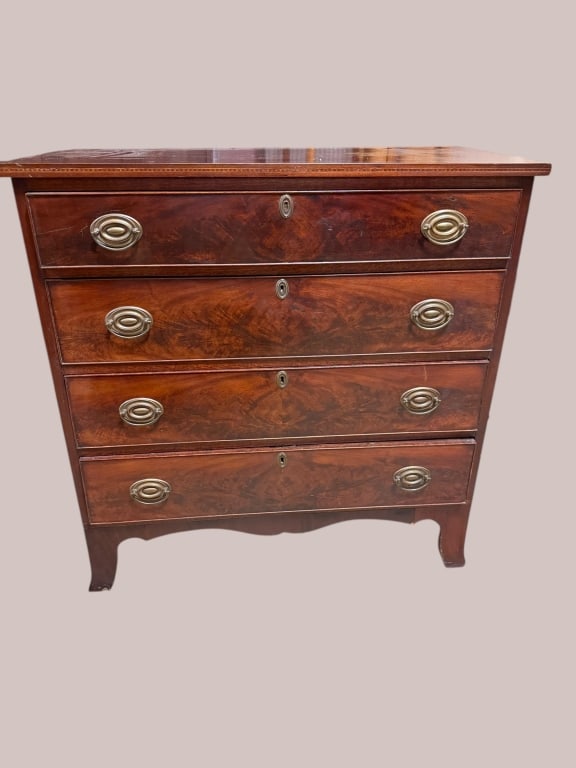 Mahogany Four-Drawer Chest: Late 19th C, Mid Atlantic, Dovetailed and banded drawers, mahogany chest with bookmatched veneer drawers, inlaid edge banding, and original oval brass pulls, 36 tall 36 wide 17 deep