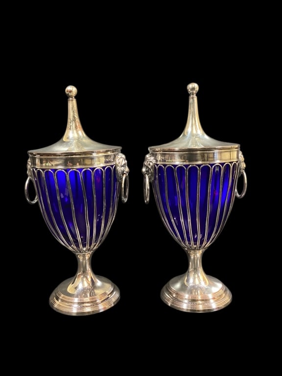 Pair German Cobalt and Silver Chestnut Urns (1 of 5)